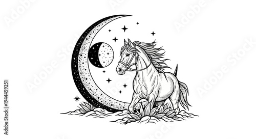Black and white mystical horse galloping under a crescent moon with stars, spiritual celestial animal illustration