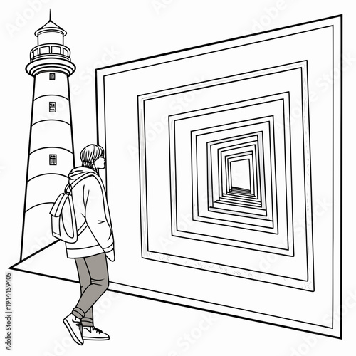 Person walking towards a large square with a corridor perspective