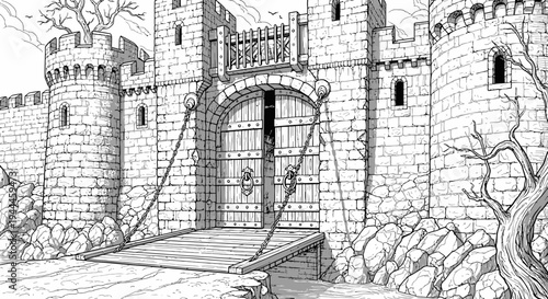 Detailed black and white hand-drawn illustration of a formidable medieval stone castle with a lowered drawbridge, portcullis, and towering turrets, historical fantasy architecture.