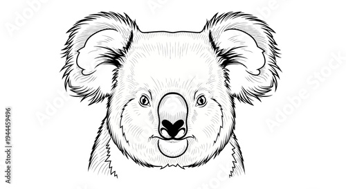 Detailed hand-drawn sketch illustration of a cute koala head. Black and white Australian animal portrait, wildlife drawing.