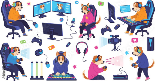 Cute Dog Gamer Characters Playing Video Games with Console, Controller and Streaming Setup, Cartoon Puppy Esports and Gaming Lifestyle Vector Illustration Set