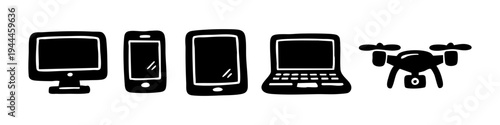 Hand-drawn set of electronic device icons including a computer monitor, smartphone, digital tablet, laptop, and aerial drone. Minimalist black ink sketch on white background.