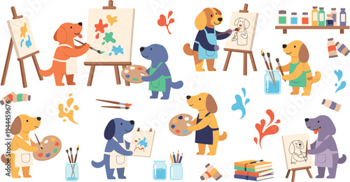 Cute Dog Artist Characters Painting on Canvas with Brushes, Palette and Easel, Cartoon Puppy Painters Creative Art Studio Vector Illustration Set