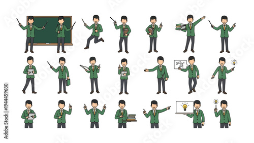 Teacher Pose in Education: A collection of a teacher in various poses, from teaching and presenting, perfect for educational content.