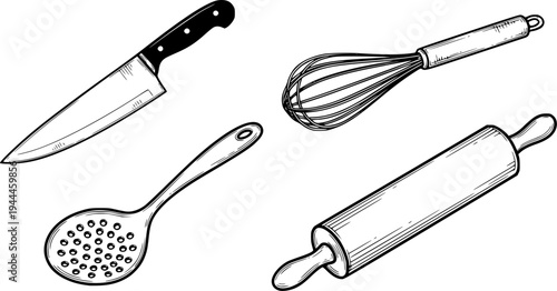 Set of kitchen tools for cooking. Sketch vintage vector illustration for restaurant or diner menu
