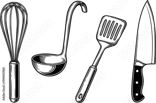 Set of kitchen tools for cooking. Sketch vintage vector illustration for restaurant or diner menu
