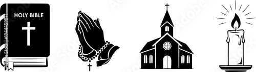Christian religion line icon set. Faith concept. Holy bible book, spirituality, worship, prayer, church symbols
