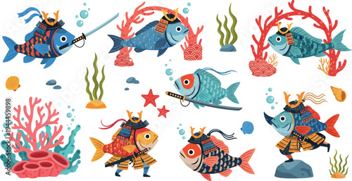 Cute Fish Viking Warriors with Helmets, Shields and Spears Underwater, Cartoon Marine Adventure Characters in Nordic Costume Vector Illustration Set