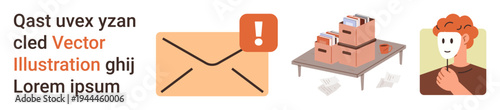 Communication, email notifications, document management, organization, identity, productivity. Envelope with alert, file boxes on a table person profile icon. Communication and email notifications