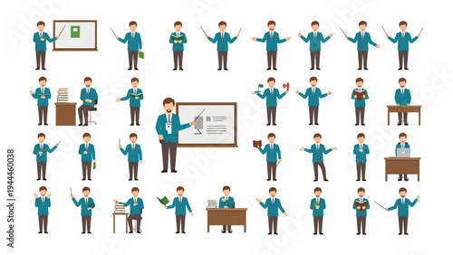 Male Presentation Set: A meticulously crafted vector illustration showcasing a male figure in various presentation poses, equipped with tools like pointers, boards, and desk settings.