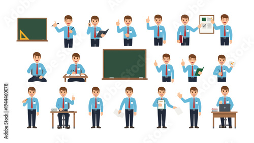 Teacher's Poses: A versatile set of vector illustrations featuring a young male teacher in various poses, perfect for educational materials, websites, and presentations.