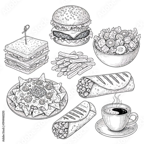 Hand Drawn Fast Food Set with Burger, Fries, Sandwich, and Pizza

