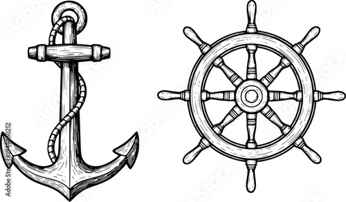 Nautical set. Anchor and ship helm, steering wheel in sketch style. Vintage illustration isolated on white background
