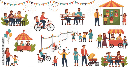 Community Park Activity Scene Collection with Families, Children Playing, Food Stalls, Bicycles, and Outdoor Social Life Illustration Vector Set