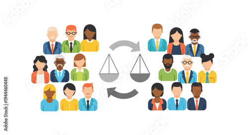 Diverse People & Justice Scales Icon: Representing Equality, Fairness, Legal Rights, and Balanced Decision-Making in Group Dynamics and Dispute Resolution