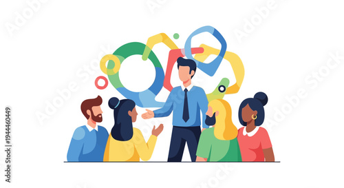 Diverse Team Meeting: Business Leader Facilitating Discussion with Colorful Abstract Ideas