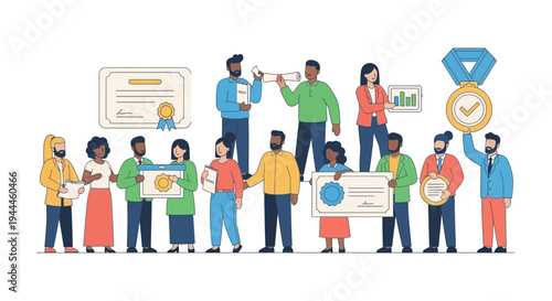 Diverse Group Celebrating Success, Achievements, and Professional Certifications with Awards and Diplomas