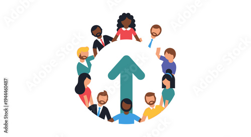 Diverse Team Collaboration Driving Business Growth and Success | Flat Design Illustration with Upward Arrow