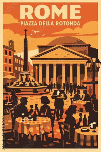 Vintage Travel Poster of Rome Pantheon and Piazza della Rotonda