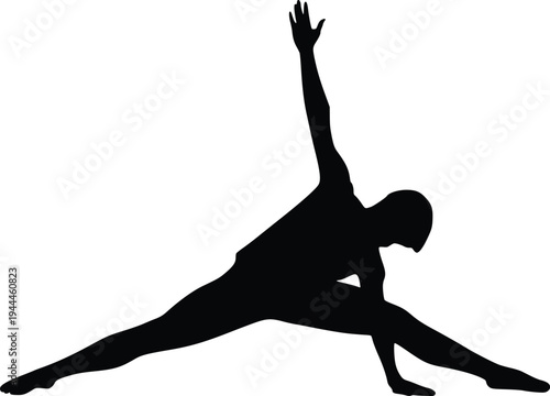 Silhouette of a person performing a yoga pose with arms extended and legs spread wide.