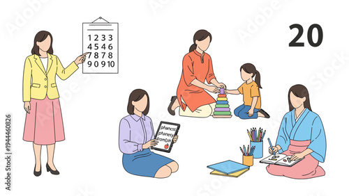 Education Activities Illustration: Depicting various educational activities in a harmonious illustration, showcasing children engaged in learning with guidance.