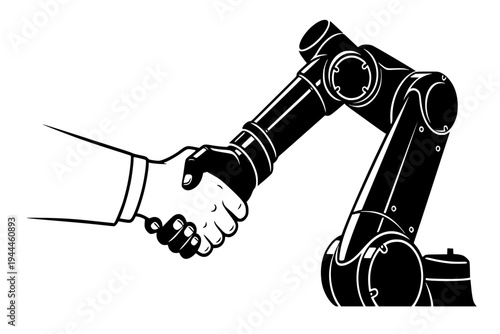 Robot and Human Shaking Hands Collaboration Automation Industrial AI Future Tech Concept Black Vector