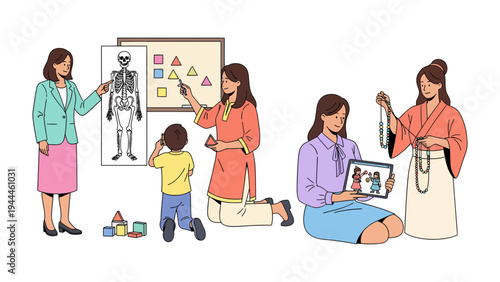 Learning and Sharing: A diverse group of educators and learners engage in a variety of educational activities. Displaying lessons, demonstrating concepts.