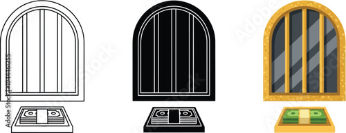 Bank teller window with cash on counter a secure financial transaction point for banking services and money exchange presented in a flat vector style