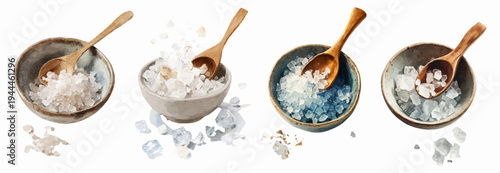 Four small ceramic bowls containing various natural crystal salts with wooden spoons, depicting wellness, spa treatments, cooking, and culinary seasoning ingredients