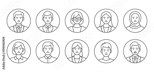Diverse People Circular Line Art Icons Vector, profile and frontal view avatars, person silhouettes, user and community symbols