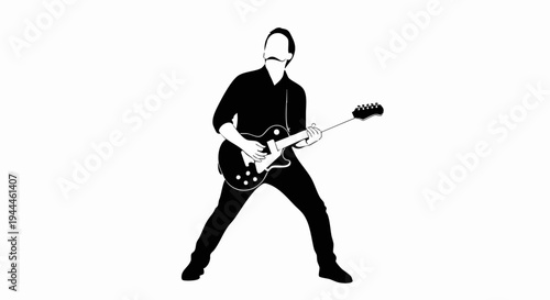 Black silhouette of a male guitarist with a mustache playing rock music.