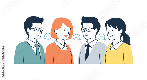 Business Communication & Team Discussion Vector. Diverse Professionals Talking with Speech Bubbles.