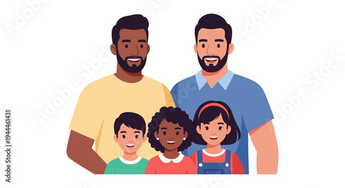 Happy Diverse Family with Two Fathers and Three Children Illustration
