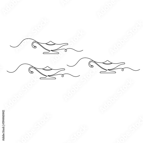 Continuous line drawing of a magic genie lamp on a white background
