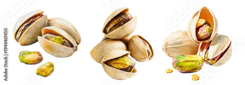 Pistachio nuts showing their naturally opening shells with green kernels, alongside some fully peeled kernels, illustrating a crunchy, delicious, and healthy snack option