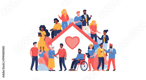 Diverse Community and Social Inclusion: People of All Ages and Abilities United Around a Home with a Heart Symbol, Representing Support and Belonging