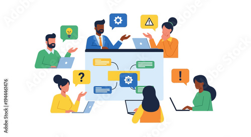 Diverse Business Team Collaboration, Project Management, and Problem Solving Illustration. Agile Workflow, Idea Generation, and Strategic Planning Concept.