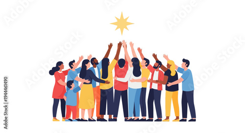 Diverse Team Reaching for a Star: Collective Goals, Success, Ambition & Community Achievement - Flat Vector Illustration