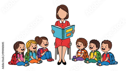 Story Time: A teacher shares a captivating story with a circle of attentive children, sparking imaginations and fostering a love of learning.