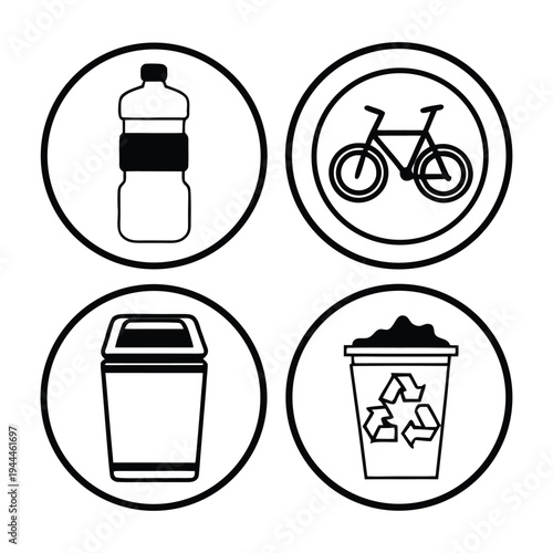 Recycling and eco lifestyle icons: bottle, bike, trash