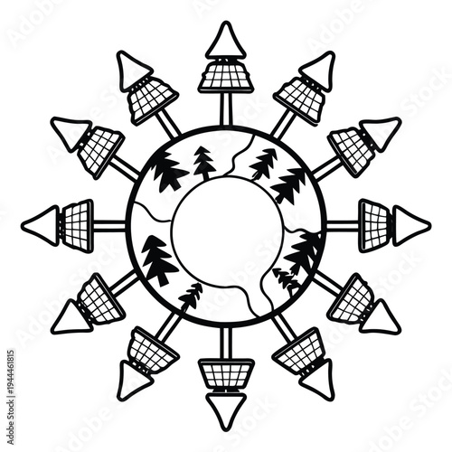 Earth mandala with trees and solar panels icon with solar panel