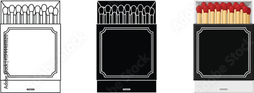 Versatile matchbox vector illustration set presented in outline silhouette and full-color styles suitable for branding packaging and web design