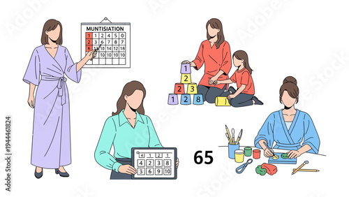 Preschool Learning Activities: A lively illustration depicting various engaging activities at a preschool, including calendar marking, block building, and art creation.