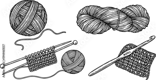 Balls of yarn skein of wool. Handicraft, crocheting, hand-knitting. Sketch vintage illustration
