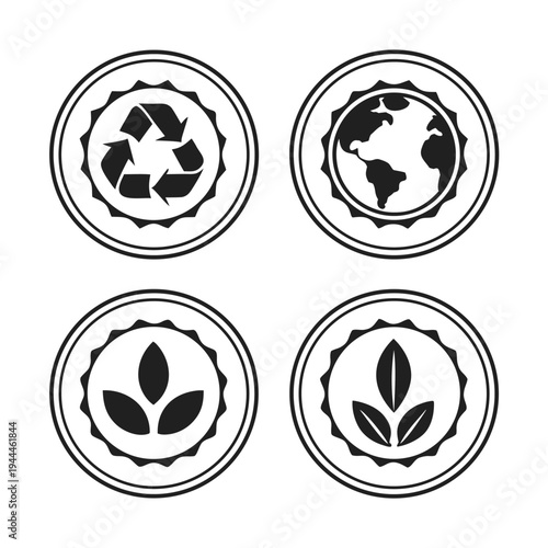 Recycle, earth, and plant icons in circle frames
