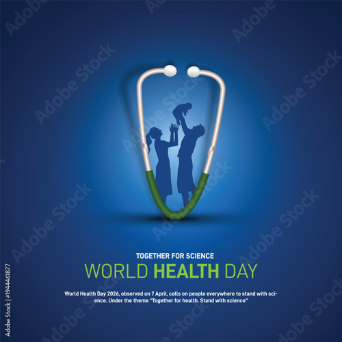 world health day 2026. world health day concept banner, poster, social media post, postcard, background, backdrop, template, greetings card, cover design. Together for science