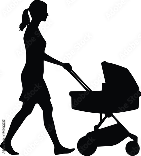 A woman pushing a baby stroller outdoors during a casual walk