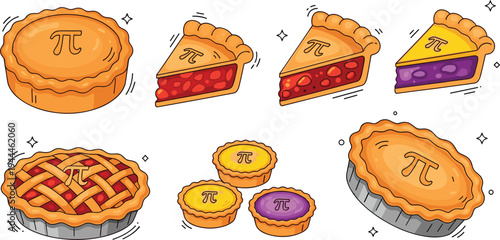 Delicious pie desserts collection with fruit filling lattice crust and slice pieces bakery sweet cartoon flat vector illustration set