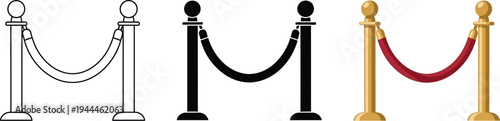 Collection of stanchions with ropes featuring outline solid black and luxurious gold with red velvet designs perfect for crowd control and exclusive events