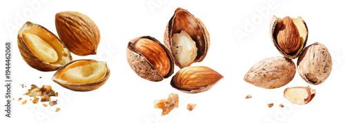 Almond nuts illustration showcasing whole, shelled, and opened almonds with shells and pieces, representing healthy eating, organic food, and natural ingredients